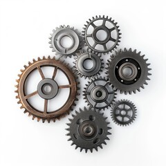 Metal gears and cogs fit together isolated on a white background, Ai Generated.