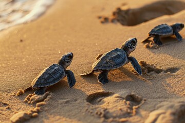 Three adorable baby turtles making their way across the sandy shore, Ai Generated.