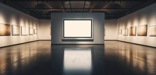 A stylish art gallery with a single empty frame, placed against a backdrop of polished, reflective walls, illuminated vividly by a focused spotlight.