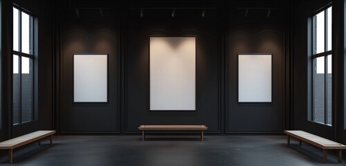 A stylish art gallery with a single empty frame, placed against a backdrop of matte black walls.