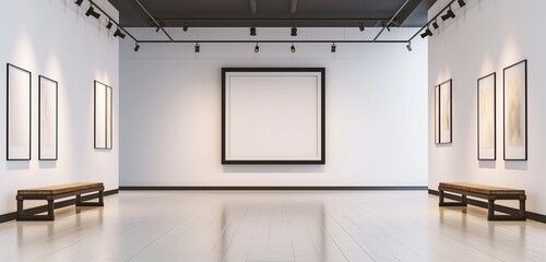 A stylish, modern art gallery with a single empty frame, set against a backdrop of polished, white...
