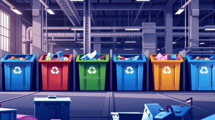 Multicolored bins labeled for different types of waste showcasing the implementation of a circular economy waste management system within the manufacturing facility. - obrazy, fototapety, plakaty