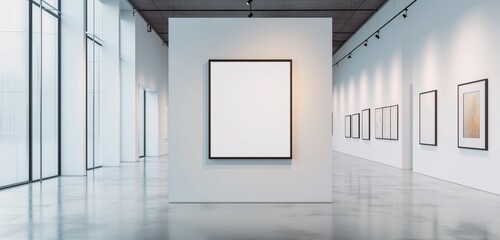 An avant-garde art gallery with a simple, empty frame,against a background of pure white walls.
