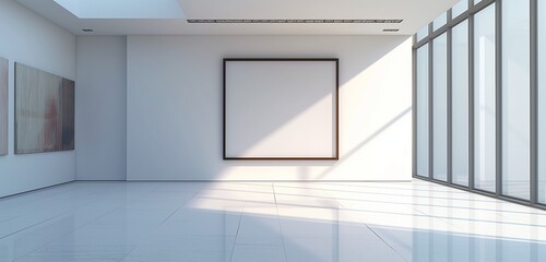 An elegant art gallery with a single, large empty frame, set against a backdrop of pure, uncluttered walls.