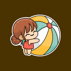 sticker of little girl playing beach ball, cartoon style, kawaii