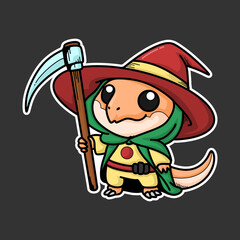 sticker of a witch lizard, cartoon style, Chibi Style.