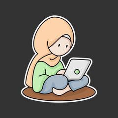 sticker of a Muslim woman working on her laptop, cartoon style, kawaii