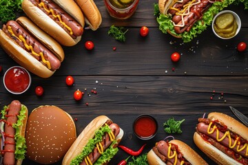 Summer BBQ food table scene with a dark wood background showing a top view of hot dogs and hamburgers buffet
