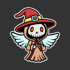 skull sticker wearing grim reaper costume, cartoon style, Chibi Style.