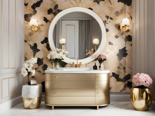 A chic and glamorous powder room design with a statement wallpaper design, a decorative vanity, and gold accents for a touch of luxury design.