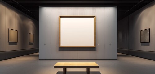 An ultra-modern art gallery with a single empty frame, hung against a wall of subtle gray.