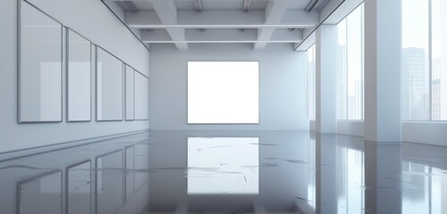 Obraz premium An ultra-modern art gallery with a reflective floor and a single, large empty frame.