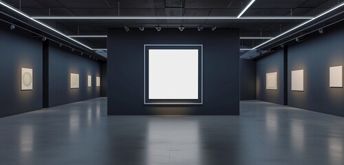 An upscale art gallery with a minimalist vibe, featuring an empty frame against a backdrop of matte black walls.