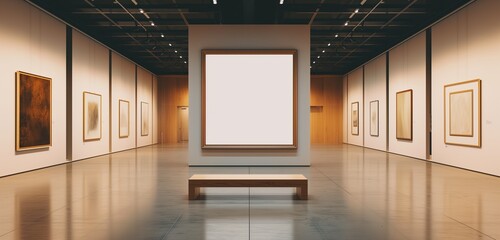 An upscale art gallery with a minimalist vibe, showcasing a solitary empty frame.