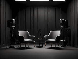 A dark-style room with two chairs and microphones for podcast design or interview design.
