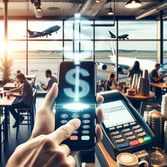 Tourists using phones for payment with a holographic $ symbol in an airport coffee shop, blending travel and modern digital technology. AI Generated. - obrazy, fototapety, plakaty