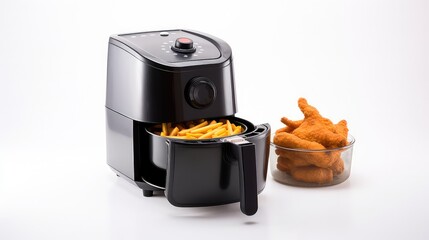 Fried chicken with french fries in a toaster on white background