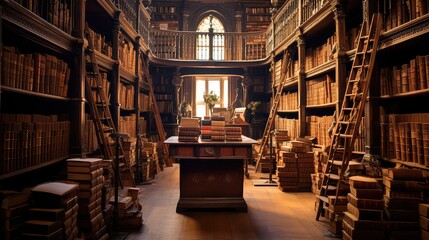 Old library interior with bookshelf and wooden bookshelves.