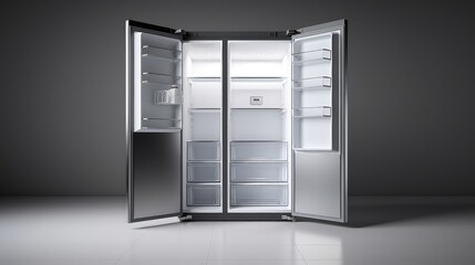 Open empty refrigerator on dark grey background. 3D Rendering.