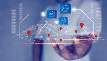 Men holding holograms virtual screen map to scan into the business system that can be contacted all over the world with modern technology narrow the world. New generation technology for business conce