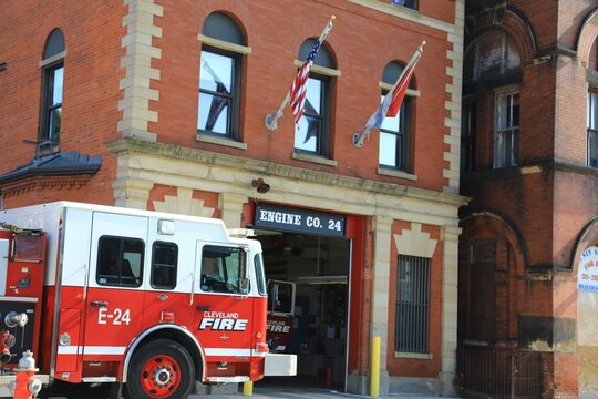 City firehouse with pumper truck. Cleveland, Ohio, USA &ndash; February 1