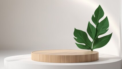 3d podium with green leaf shadow, ideal for natural beauty product displays.
