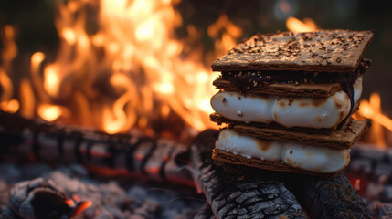 With each bite of the perfectly toasted marshmallow and gooey chocolate sandwiched between crispy graham crackers your taste buds are transported to a nostalgic summer night - obrazy, fototapety, plakaty
