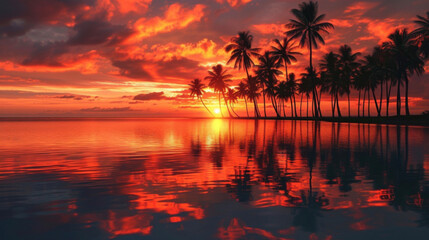 Fototapeta na wymiar A tranquil ocean reflecting the fiery reds and oranges of the sunset with the silhouettes of palm trees creating a tropical paradise.