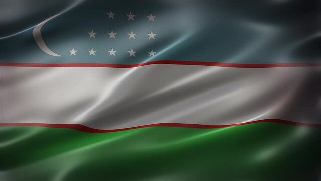 The National Flag of Uzbekistan, front view, full frame, glossy, sleek, elegant silky texture, waving in the wind, realistic 4K CG animation, movie-like feel and look, seamless loop-able.