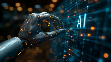 A visually striking infographic showcasing "AI" in bold letters, with a detailed representation of a robot's sleek, metallic hand about to touch a human's hand. generative AI