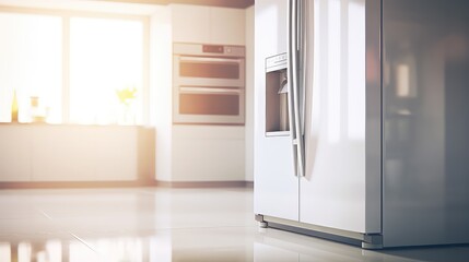 Refrigerator in modern kitchen interior with sunlight.