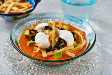 メキシコのトルティージャのスープ　ソパ・デ・トルティージャ（ソパ・アステカ）コピースペースあり
 Mexican tortilla soup　Sopa de Tortilla (Sopa Azteca）with copy space
