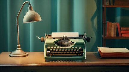 Vintage typewriter on a wooden table with a book and pen