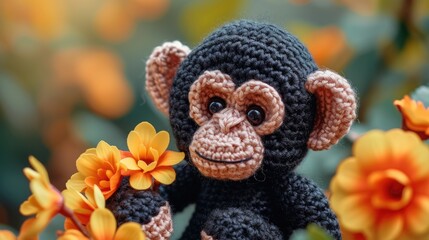 Crocheted chimpanzee toy vibrant backdrop, handcrafted and adorable, Ai Generated