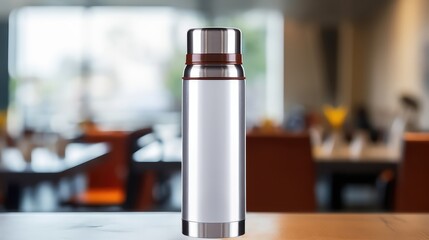 Mockup of a gray thermos bottle on a wooden table in kitchen - obrazy, fototapety, plakaty