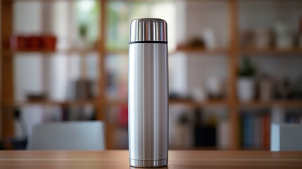 Mockup of a gray thermos bottle on a wooden table in kitchen