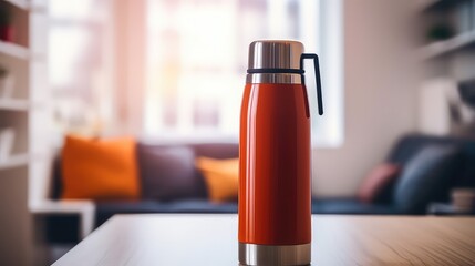 Mockup of a red thermos bottle on a wooden table - obrazy, fototapety, plakaty