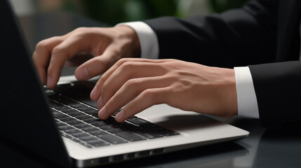 close up of businessman's hand typing on his laptop, digital business management concept, digital business, technology use in business, business analysis, tech innovation, internet connectivity,