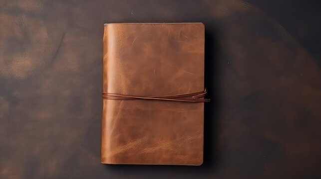 Leather notebook on a brown background, top view, close-up
