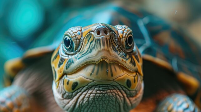 Close-up of a turtle with its head turned toward the camera, a curious and endearing reptile, Ai Generated.
