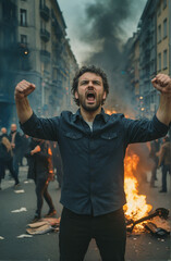 angry man with fists in the air, in the middle of a street protest
