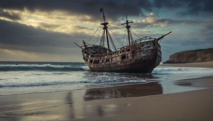 Old pirate ship abandoned on the sea shore
