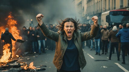angry woman with fists in the air, in the middle of a street protest