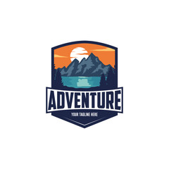 vintage adventure logo, mountain, lake and river sunset logo. outdoor rocky peak adventure. Summer camp, glitter, animation, outdoor logo, vacation travel logo