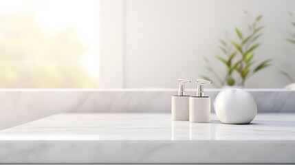 Cosmetic bottles on white marble countertop in bathroom.