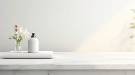 White cosmetic bottles on white marble table.