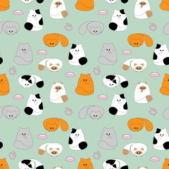 Seamless pattern with cute cats different breed, bowl of milk and sausages cartoon style for wrapping, cover, decoration, fabric, print.
