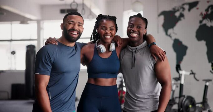 Face, group of people and gym fitness or workout with health, support and hug for accountability or happy exercise. Portrait of team, friends or personal trainer for membership and sports training