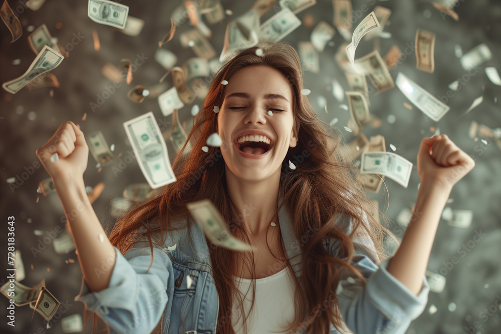 Wall mural excitement of a young woman surrounded by a cascade of money as she thrives in her online selling ve