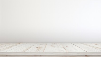 Empty wooden table over white wall background,